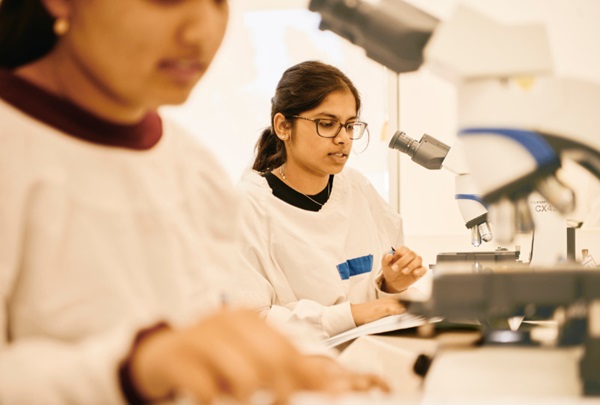 Female lab workers look into a microscope