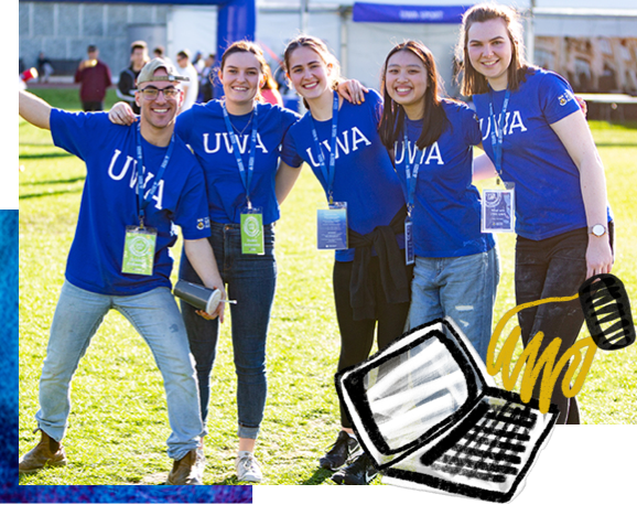 Group of happy staff members wearing UWA t-shirts